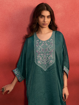 Teal Green Organza Embroidered Kaftan with Viscose Bottom