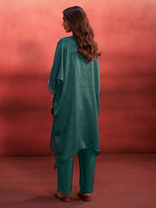 Teal Green Organza Embroidered Kaftan with Viscose Bottom