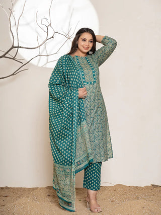 Teal Green Cotton Ethnic Motif Printed, Beads & Stone Detailing Suit Set with Voile Dupatta