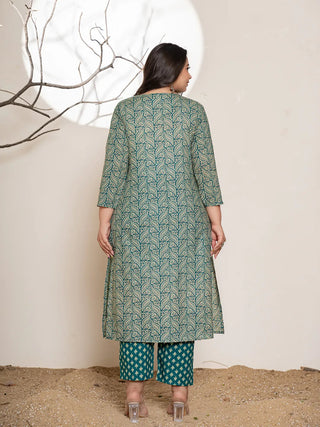 Teal Green Cotton Ethnic Motif Printed, Beads & Stone Detailing Suit Set with Voile Dupatta