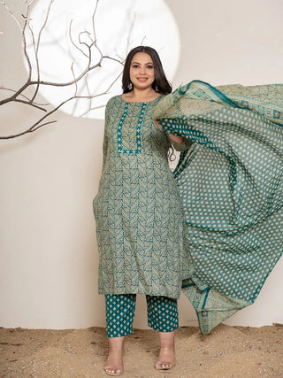 Teal Green Cotton Ethnic Motif Printed, Beads & Stone Detailing Suit Set with Voile Dupatta