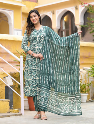 Teal Viscose Straight Cut Printed Kurta Pant Set with Chanderi Cotton Dupatta