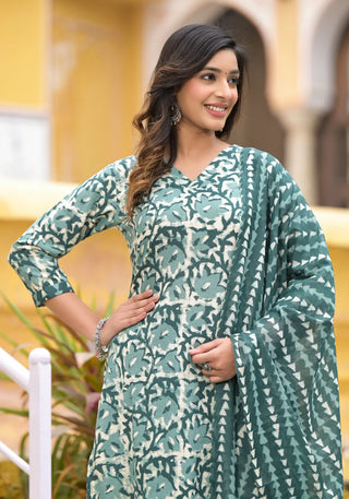 Teal Viscose Straight Cut Printed Kurta Pant Set with Chanderi Cotton Dupatta