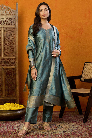 Teal Blue Silk Blend Ethnic Motif Printed Suit Set with Dupatta