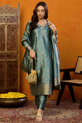 Teal Blue Silk Blend Ethnic Motif Printed Suit Set with Dupatta