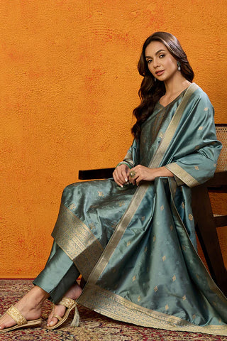 Teal Blue Silk Blend Ethnic Motif Printed Suit Set with Dupatta