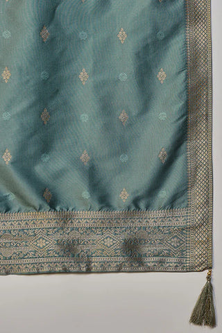 Teal Blue Silk Blend Ethnic Motif Printed Suit Set with Dupatta