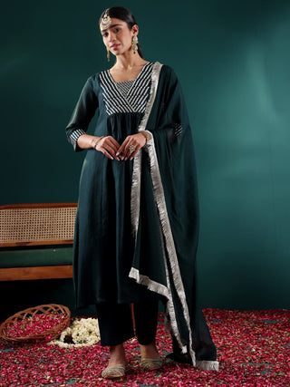 Teal Silk Blend Embroidered Suit Set with Silk Chiffon Dupatta