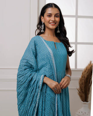Turquoise Anarkali Set With Block Printed Dupatta