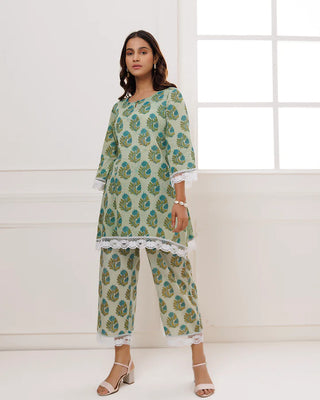Turquoise Cotton Block Printed Co-Ord Set