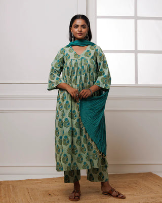 Turquoise Hand Block Printed Mul-Mul Suit Set With Dupatta