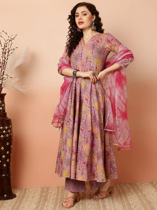 Voilet Pure Cotton Floral Print Anarkali Shape Suit Set with Dupatta