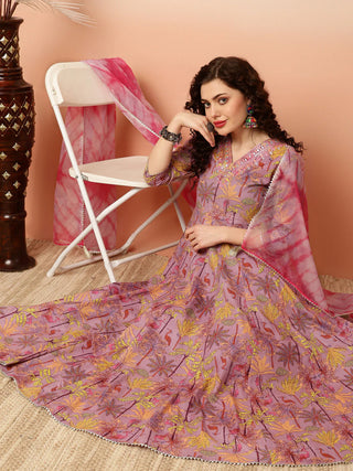 Voilet Pure Cotton Floral Print Anarkali Shape Suit Set with Dupatta