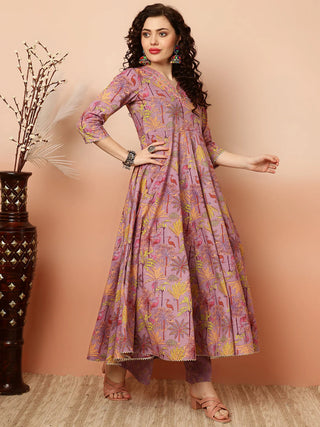 Voilet Pure Cotton Floral Print Anarkali Shape Suit Set with Dupatta