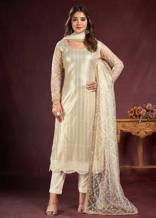 White Embroidered Butterfly Net Salwar Suit Set