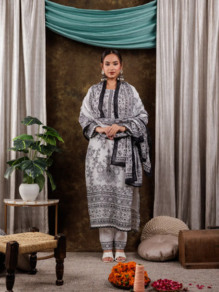 White & Black Cotton Ethnic Motif Detailing Straight Shape Suit Set with Voile Dupatta