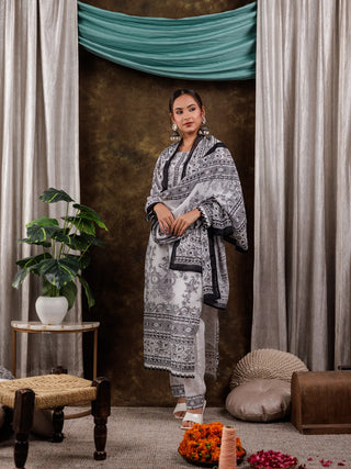 White & Black Cotton Ethnic Motif Detailing Straight Shape Suit Set with Voile Dupatta