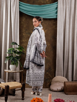 White & Black Cotton Ethnic Motif Detailing Straight Shape Suit Set with Voile Dupatta