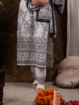 White & Black Cotton Ethnic Motif Detailing Straight Shape Suit Set with Voile Dupatta