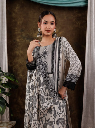 White & Black Silk Ethnic Motif Embroidered Suit Set with Dupatta