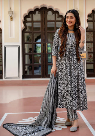 Black & White Viscose Printed & Embroidered Anarkali Suit Set with Chanderi Cotton Dupatta