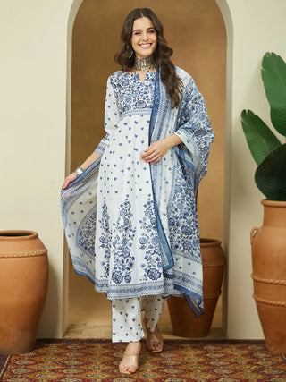 White & Blue Cotton Floral Print Anarkali Shape Suit Set with Chanderi Blend Dupatta