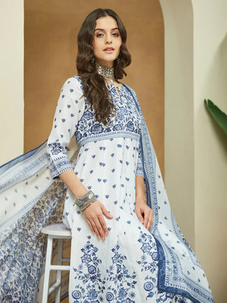 White & Blue Cotton Floral Print Anarkali Shape Suit Set with Chanderi Blend Dupatta