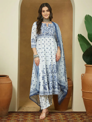 White & Blue Cotton Floral Print Anarkali Shape Suit Set with Chanderi Blend Dupatta