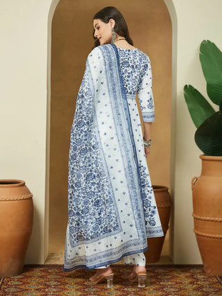 White & Blue Cotton Floral Print Anarkali Shape Suit Set with Chanderi Blend Dupatta