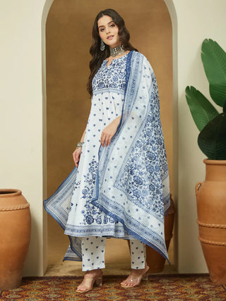White & Blue Cotton Floral Print Anarkali Shape Suit Set with Chanderi Blend Dupatta