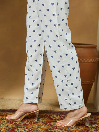 White & Blue Cotton Floral Print Anarkali Shape Suit Set with Chanderi Blend Dupatta