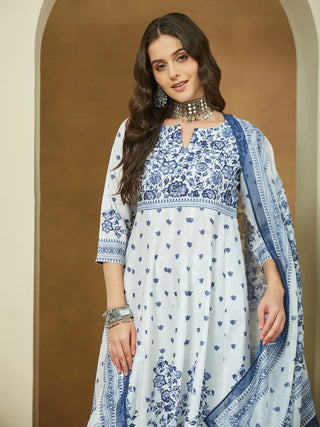 White & Blue Cotton Floral Print Anarkali Shape Suit Set with Chanderi Blend Dupatta