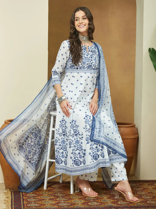 White & Blue Cotton Floral Print Anarkali Shape Suit Set with Chanderi Blend Dupatta