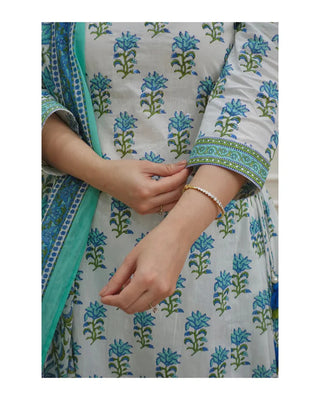 White & Blue Viscose Block Print A Line Suit Set with Chanderi Cotton Dupatta