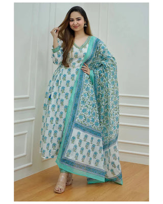 White & Blue Viscose Block Print A Line Suit Set with Chanderi Cotton Dupatta