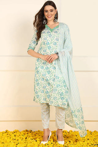 White & Blue Cotton Floral Print Straight Shape Suit Set with Dupatta