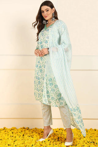 White & Blue Cotton Floral Print Straight Shape Suit Set with Dupatta