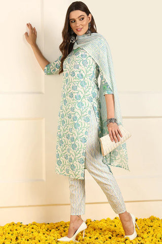 White & Blue Cotton Floral Print Straight Shape Suit Set with Dupatta