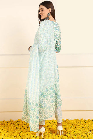 White & Blue Cotton Floral Print Straight Shape Suit Set with Dupatta