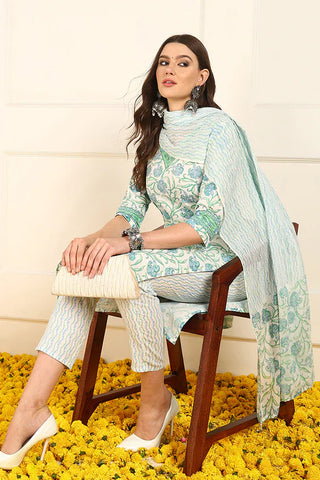 White & Blue Cotton Floral Print Straight Shape Suit Set with Dupatta