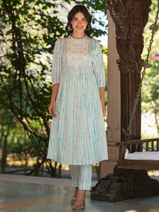 White Pure Cotton Tie & Dye Mirror Work A-Line Kurta Bottom Set