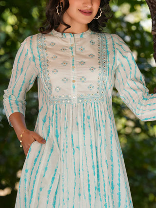 White Pure Cotton Tie & Dye Mirror Work A-Line Kurta Bottom Set