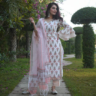 White & Pink Viscose Block Print Suit Set with Kota Doria Dupatta