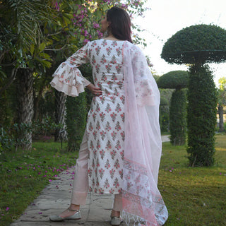 White & Pink Viscose Block Print Suit Set with Kota Doria Dupatta