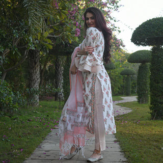 White & Pink Viscose Block Print Suit Set with Kota Doria Dupatta