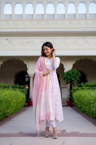 White & Pink Viscose Floral Print Flared Suit Set with Chanderi Cotton Dupatta