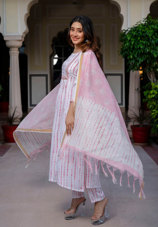 White & Pink Viscose Floral Print Flared Suit Set with Chanderi Cotton Dupatta