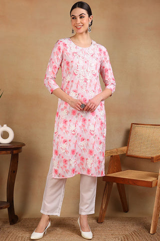 White & Pink Cotton Printed & Embroidered Straight Shape Kurta