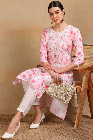 White & Pink Cotton Printed & Embroidered Straight Shape Kurta