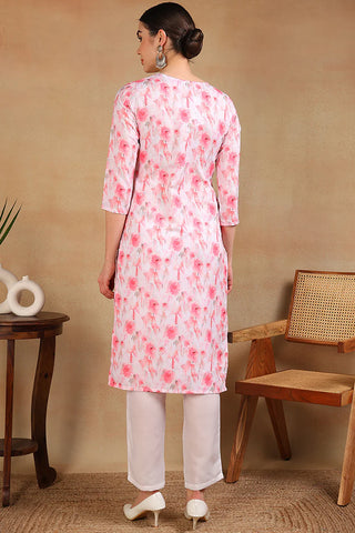 White & Pink Cotton Printed & Embroidered Straight Shape Kurta